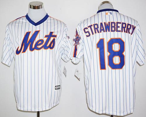 Mets #18 Darryl Strawberry White(Blue Strip) Cool Base Cooperstown 25TH Stitched MLB Jersey - Click Image to Close